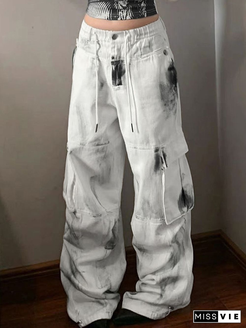 Washed Tie Dye Multi Pocket Lace Up Cargo Jeans