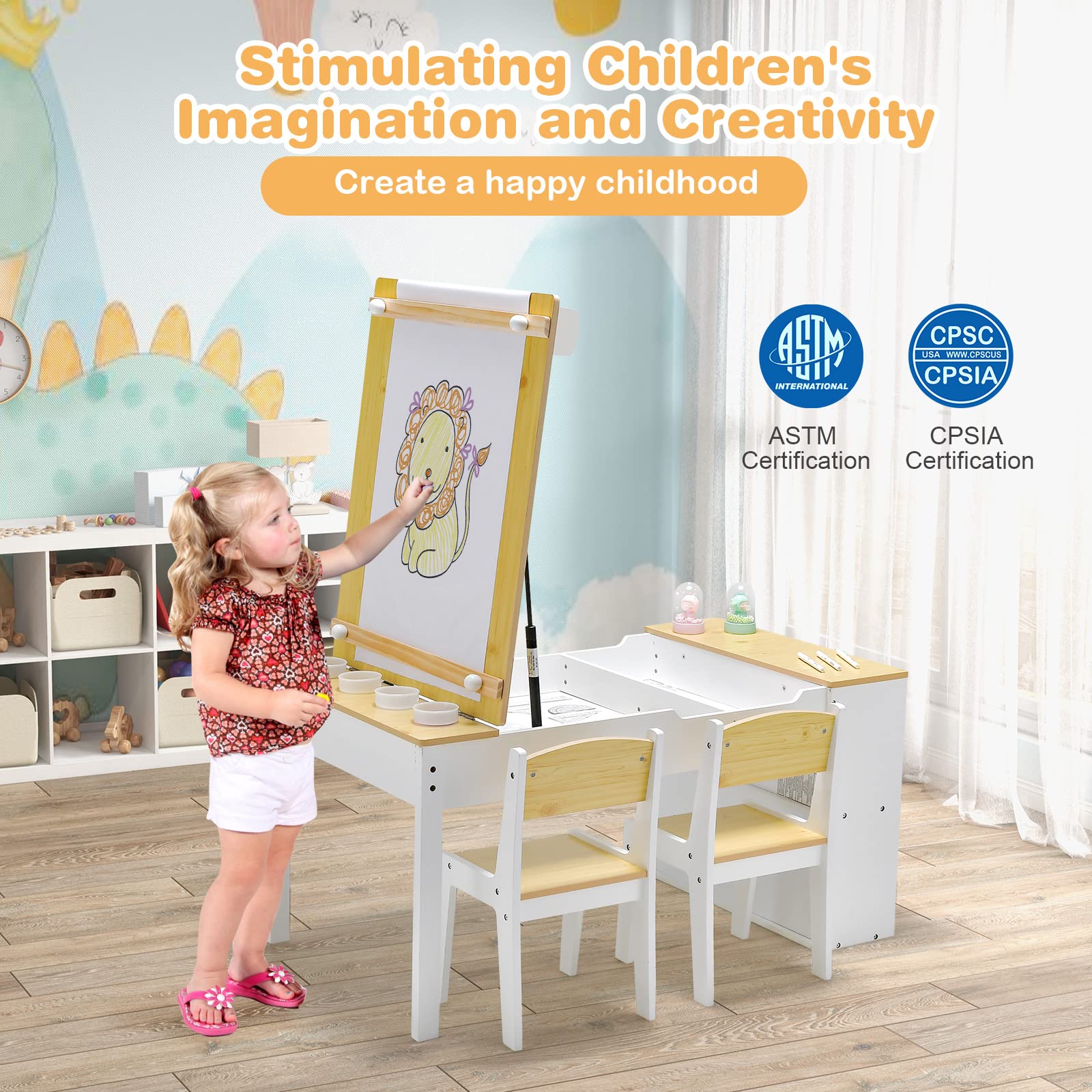 Costzon 2 in 1 Kids Table and Chair Set, Wood Art Table & Easel Set with 2 Chairs, 6 Storage Bins, Paper Rolle (Natural)