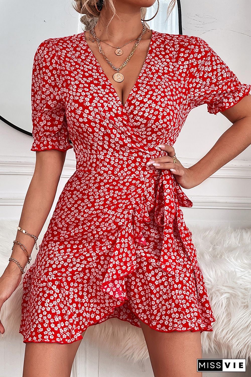 Wrap V Neck Waist Tie Floral Mini Dress