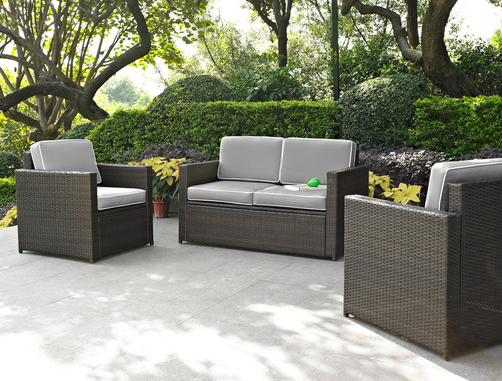 Palm Harbor 3 Piece Outdoor Wicker Seating Set With Gray Cushions   Tropical   Outdoor Lounge Sets   by Crosley  Houzz