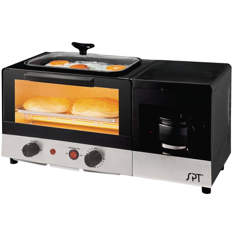 SPT Breakfast Center 1450 W 2-Slice Black and Stainless Steel Toaster Oven with Griddle and Coffee Maker BM-1120BA