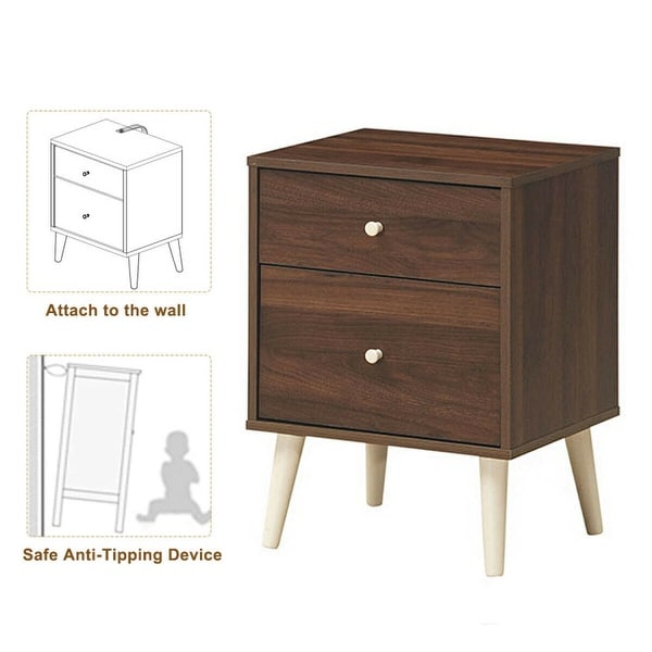 2-Drawer Nightstand Beside End Side Table with Rubber Legs-Walnut - 18