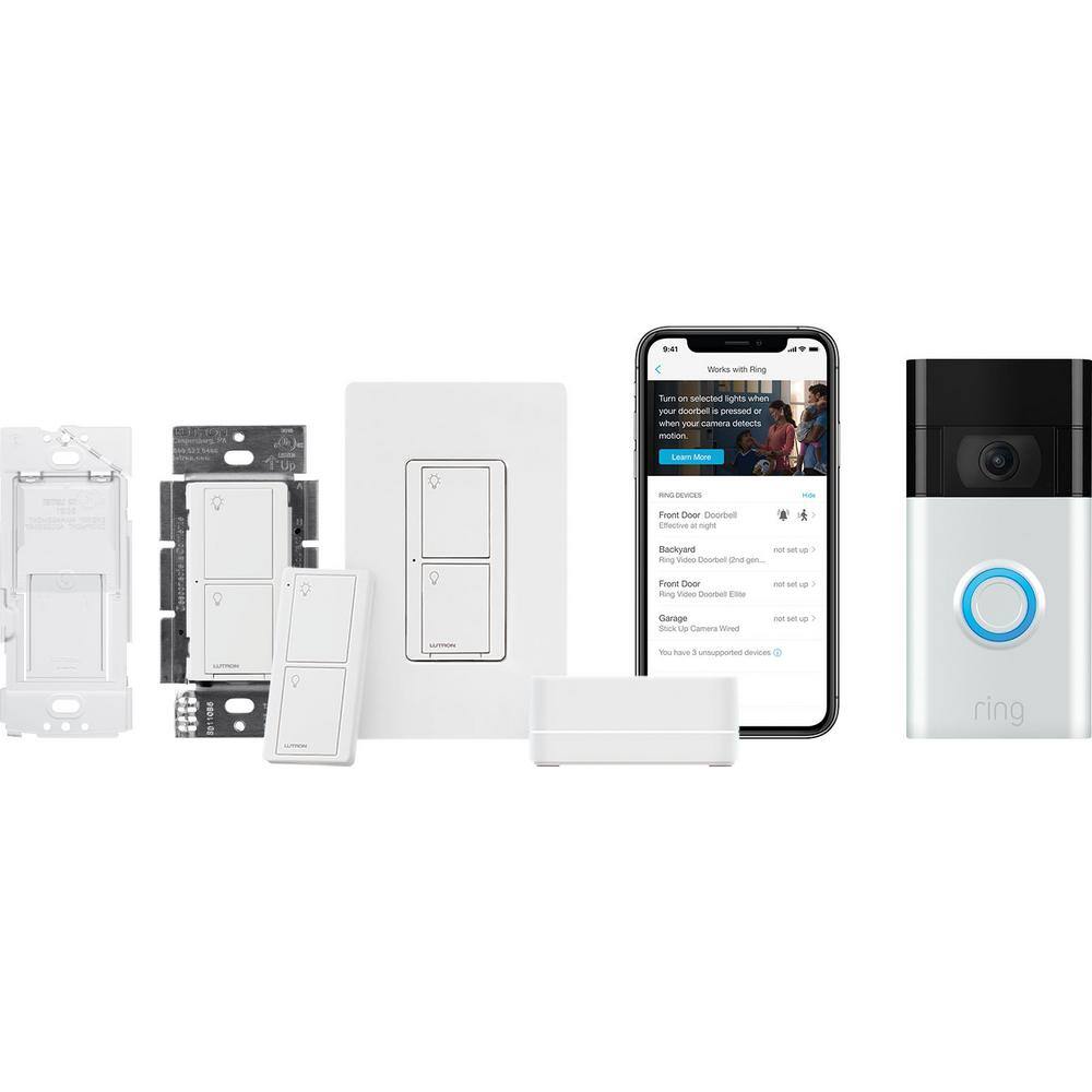 Lutron Caseta Smart Switch (2 Count Neutral Req.) Kit wRing 1080p Smart Doorbell Satin Nickel (2020 Ver.) (PRBDG-PKG2WS-WH) PRBDG-PKG2WS-WH