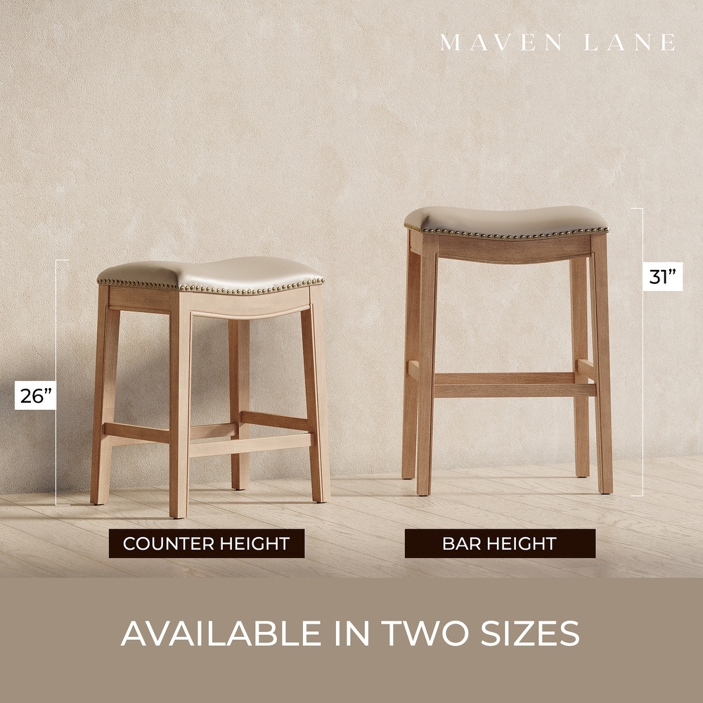 Maven Lane Adrien Saddle Counter Stool in Weathered Oak Finish w/ Avanti Bone Vegan Leather   Brown   Counter   26\