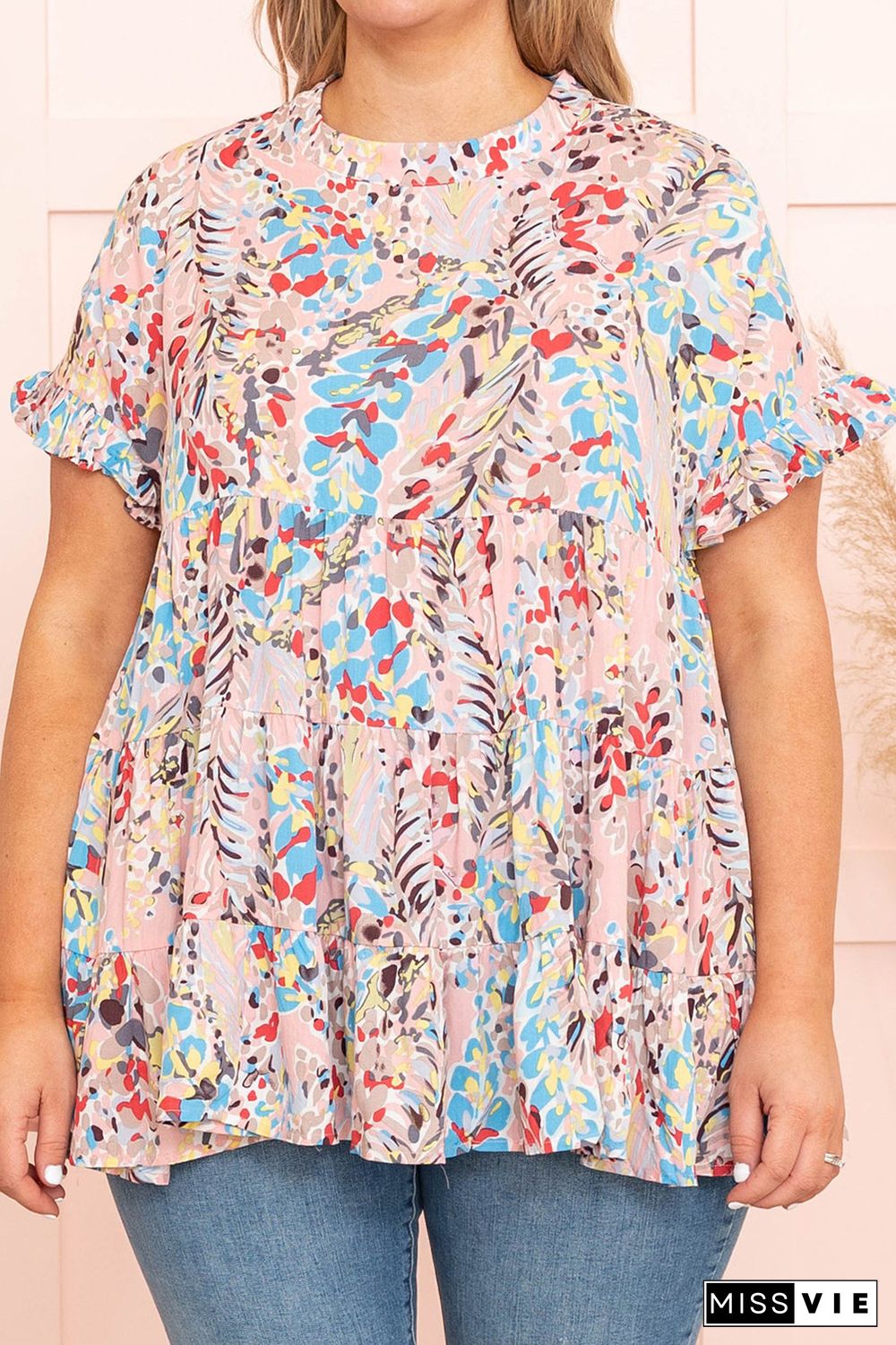 Pink Floral Print Tiered Ruffled Plus Size Blouse