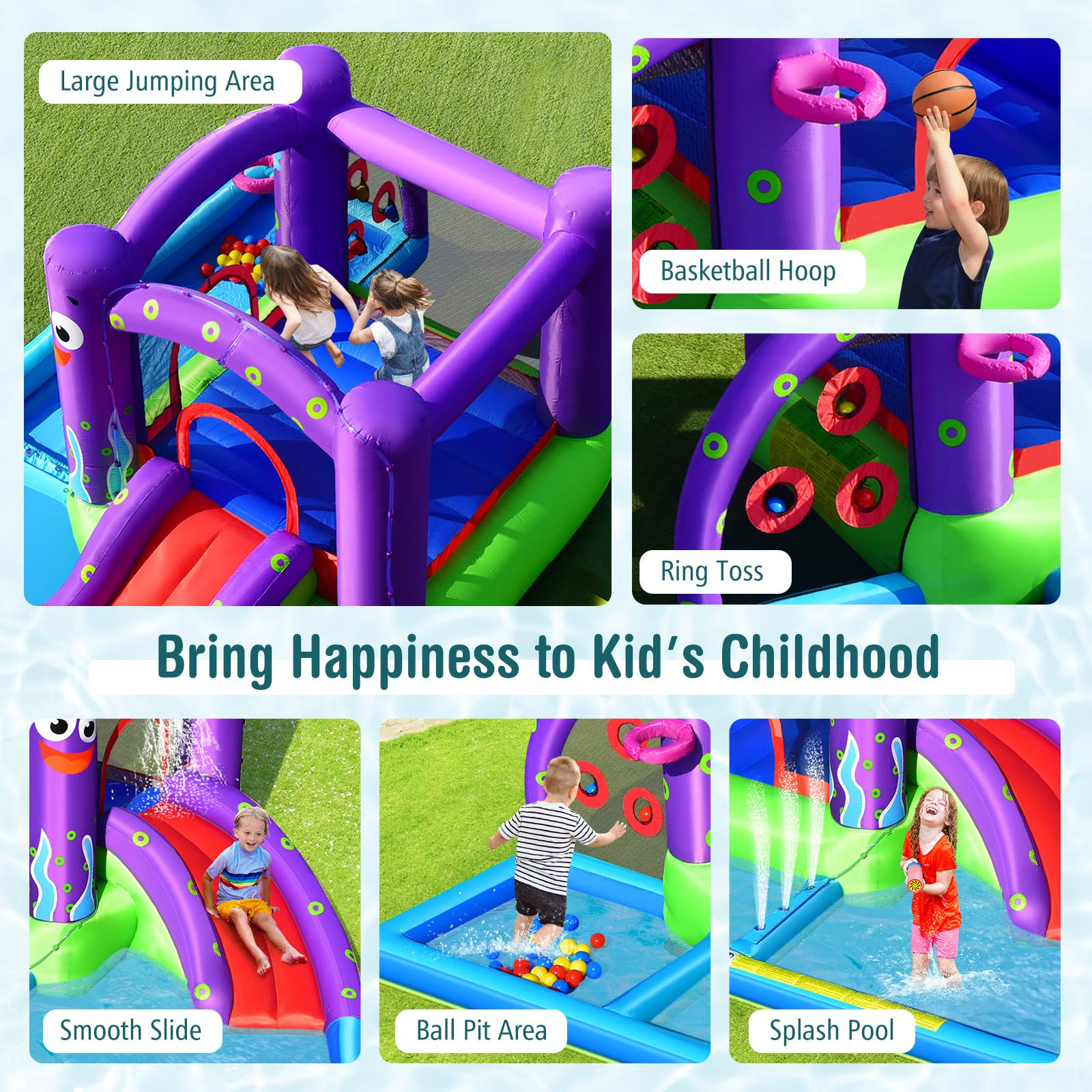 Inflatable Water Slide, 6 in 1 Kids Water Slide Jumping Bouncer Castle