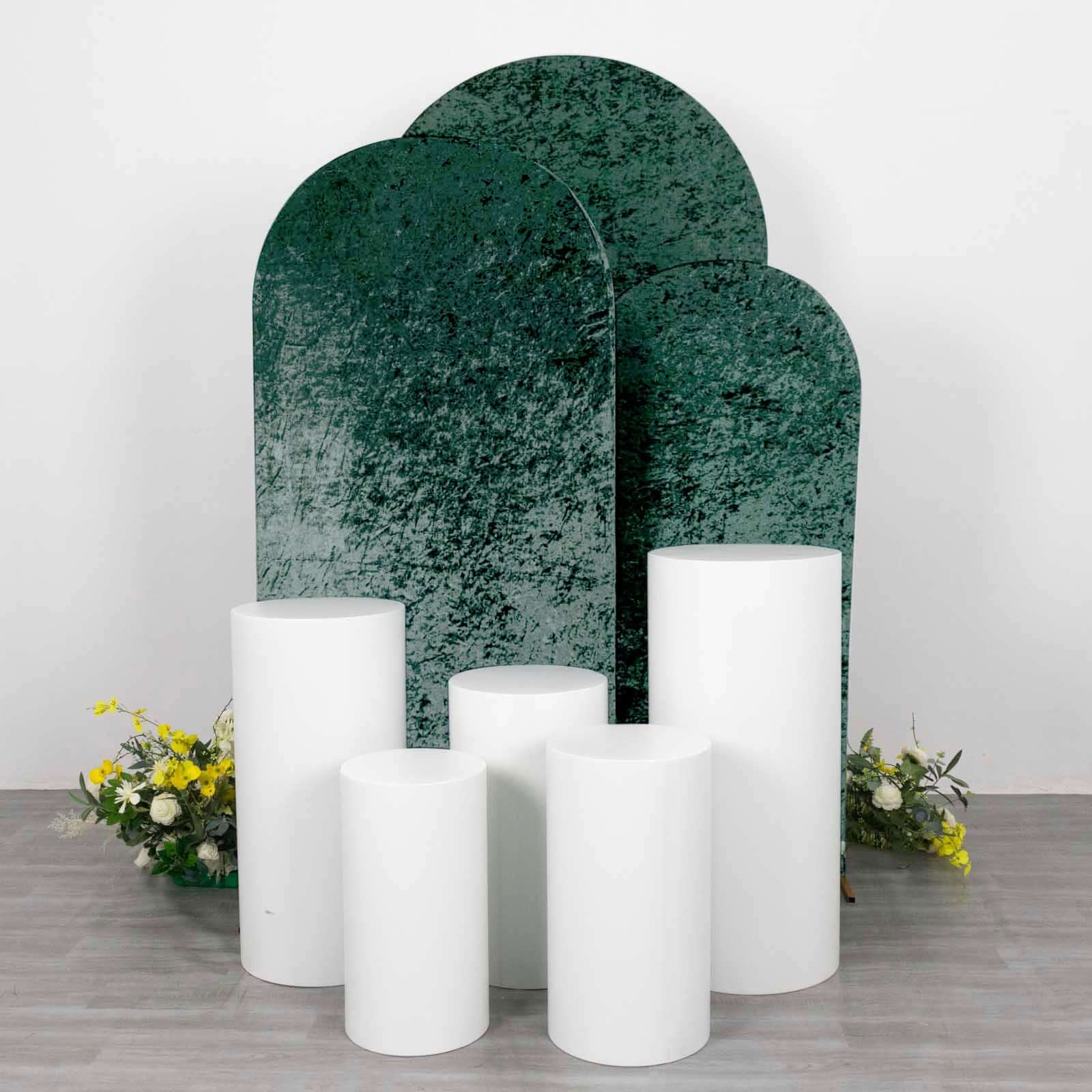 Set of 3 Hunter Emerald Green Crushed Velvet Chiara Wedding Arch Covers For Round Top Backdrop Stands 5ft, 6ft, 7ft