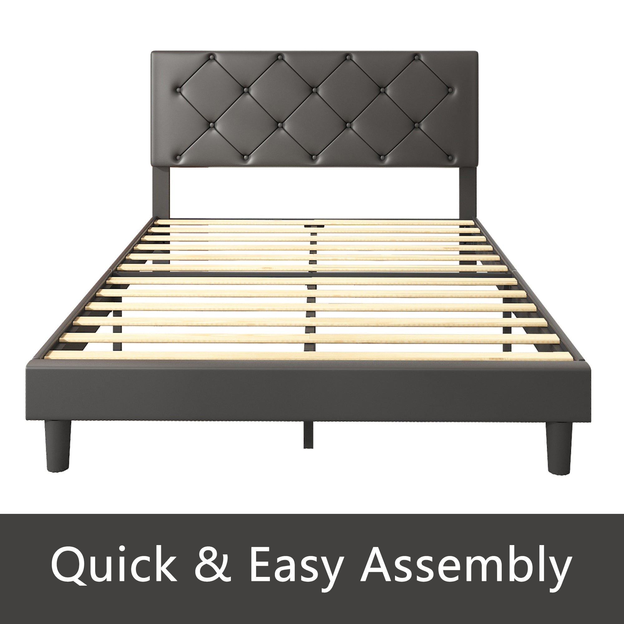 uhomepro Upholstered Platform Full Bed Frame for Adults Kids, Modern Black Full Bed Frame with Headboard, Wood Slat Support, Mattress Foundation, No Box Spring Needed