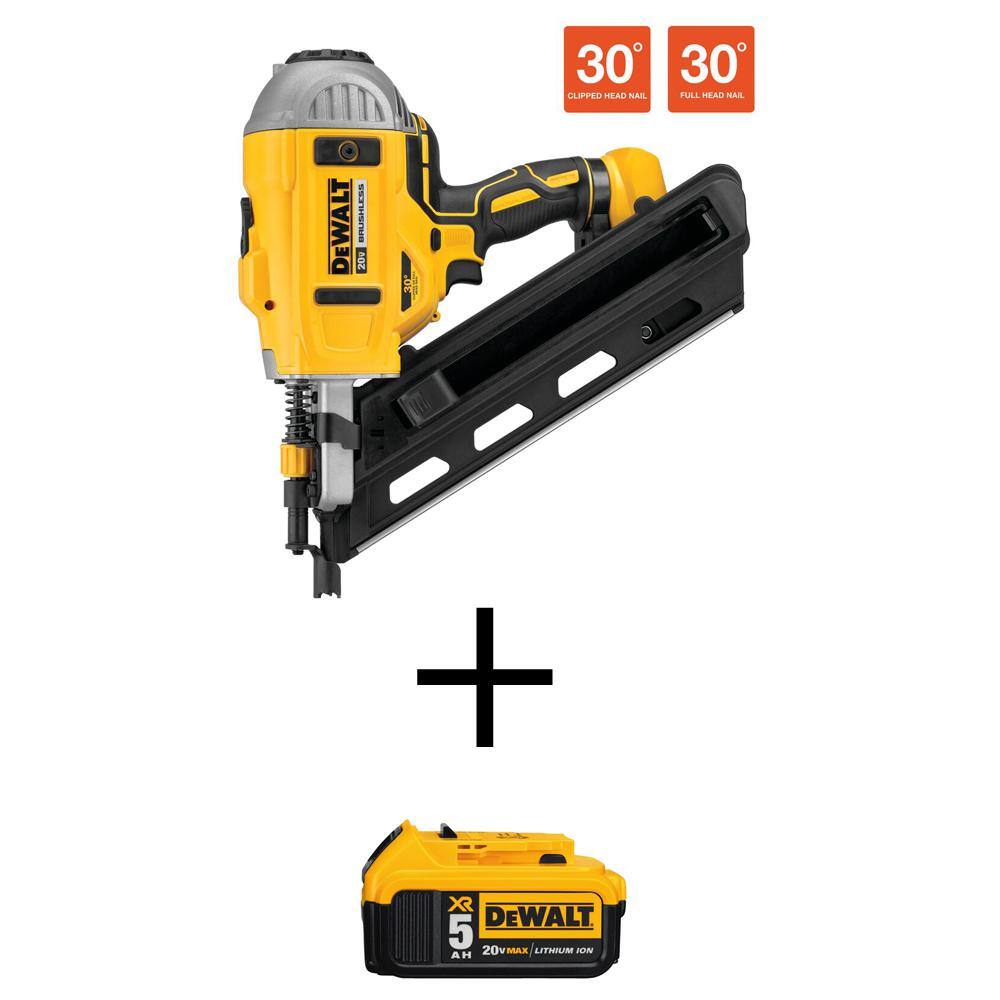 DW 20-Volt MAX XR Cordless Brushless 2-Speed 30 Paper Collated Framing Nailer w20-Volt MAX 5.0Ah Battery DCN692BW205