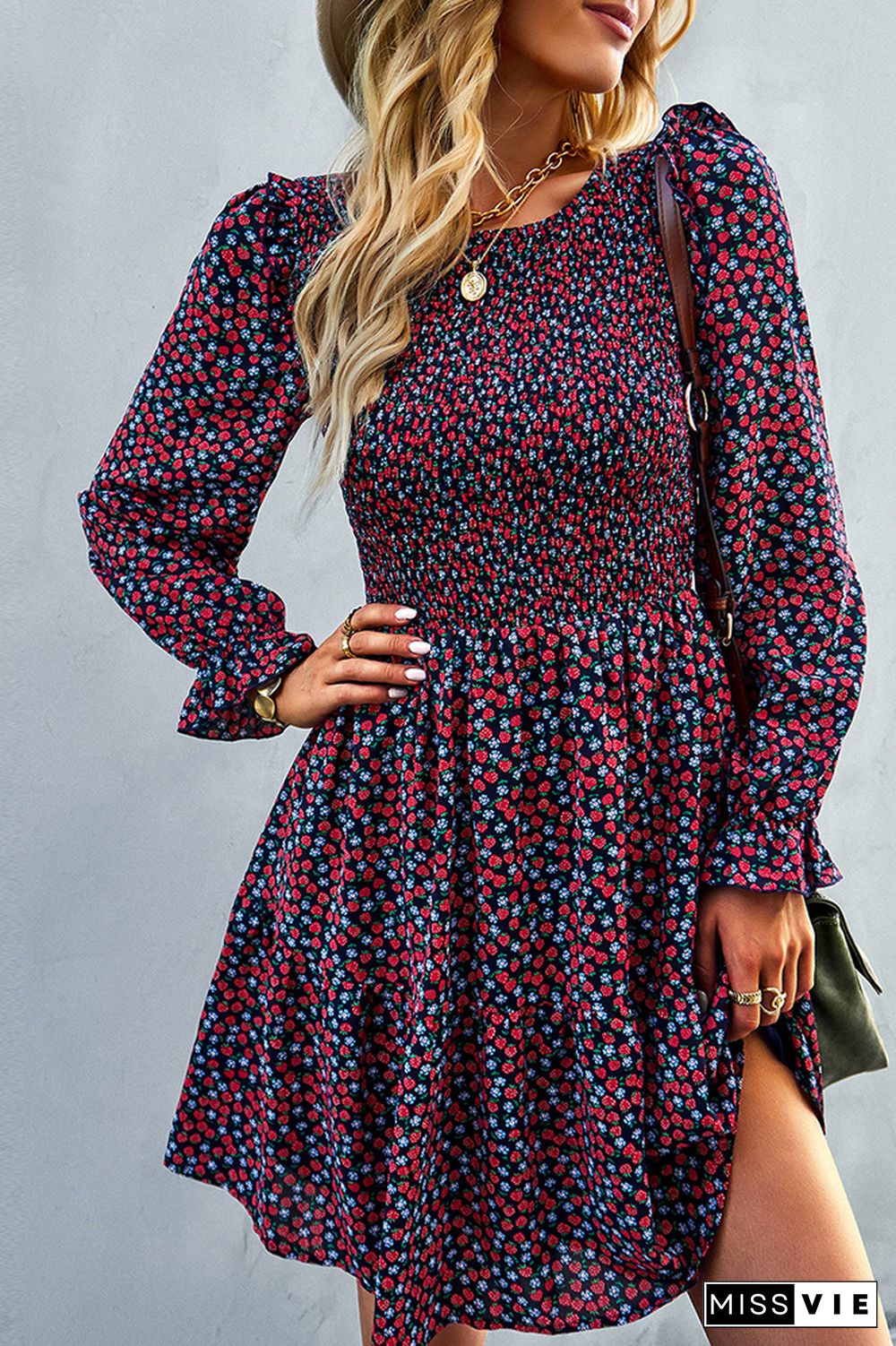 Smocked Puffy Long Sleeves Floral Dress