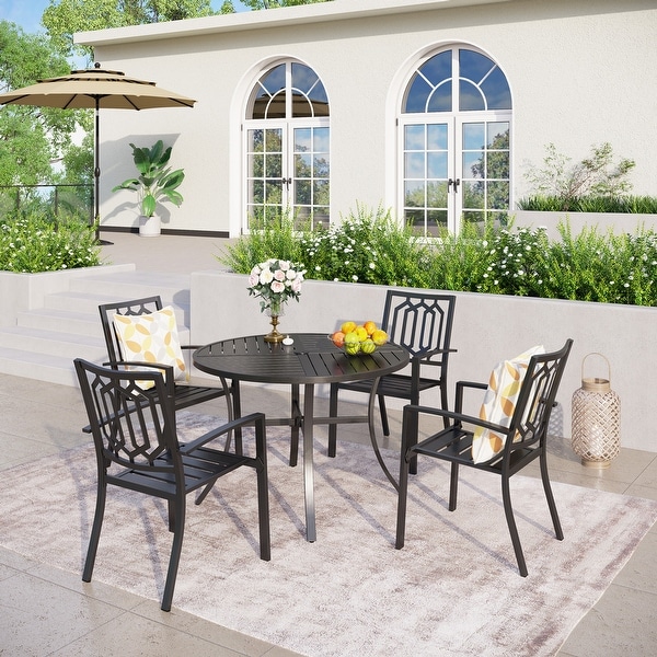 MAISON ARTS 5Piece Geometrically Stamped Round Table and Stackable Dining Chairs Outdoor Dining Set