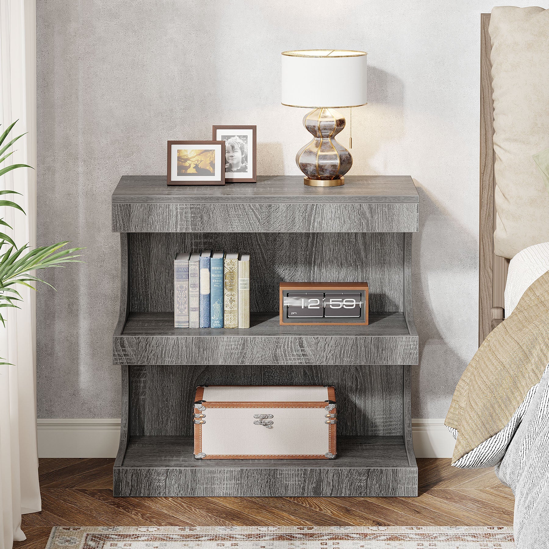 3-Tier End Table, Wood Side Table Storage Nightstand