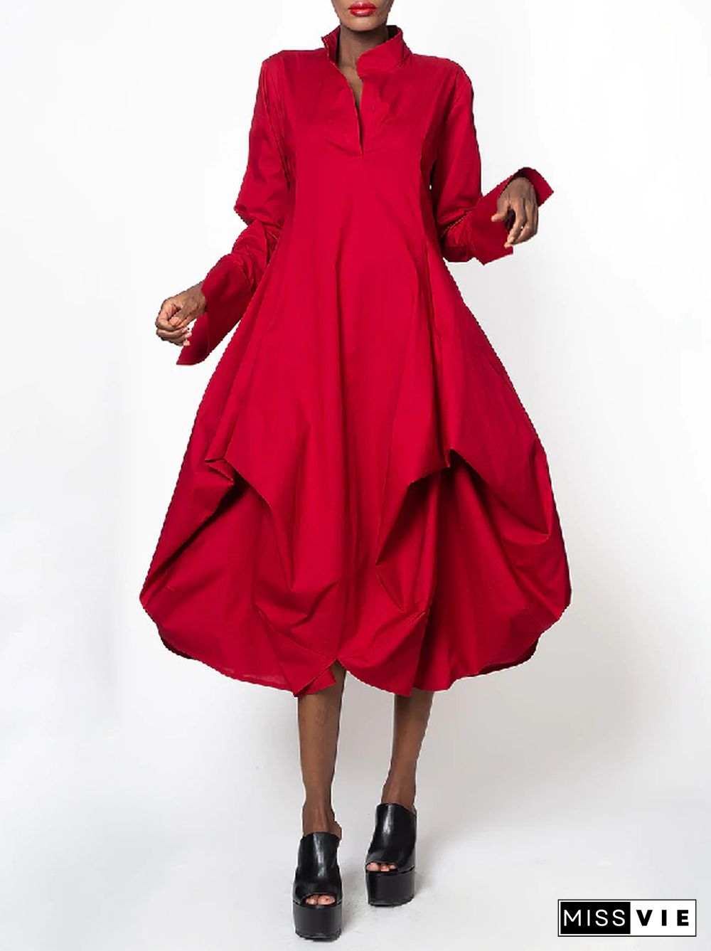 Stylish Loose Stand-Collar Long Sleeves Midi Dress