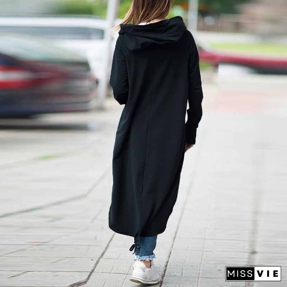 Women's Loose Hooded Sweater Zipper Long Coat Long Sleeve Hoodies Coats Casual Cardigans