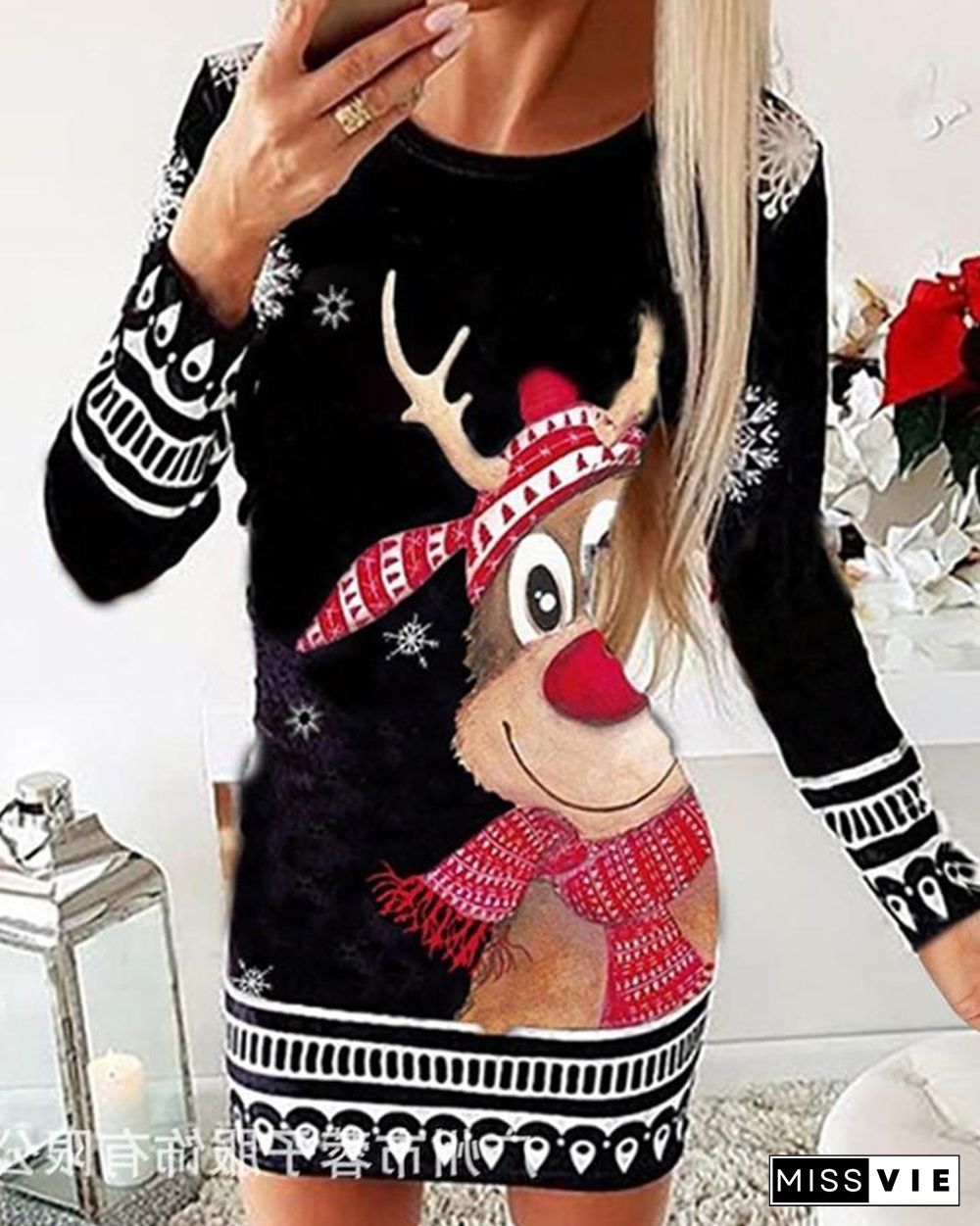 Christmas Mixed Print Long Sleeve Dress P10806