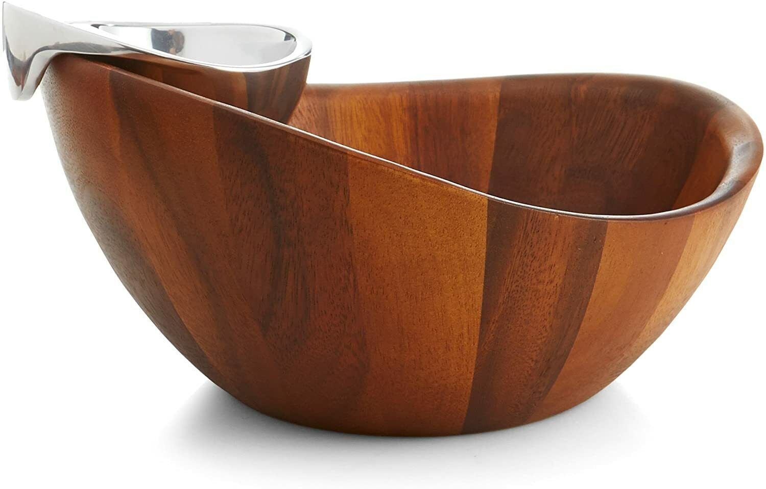 Nambe Harmony Chip and Dip Serving Bowl， Acacia Wood and Alloy Metal， 12