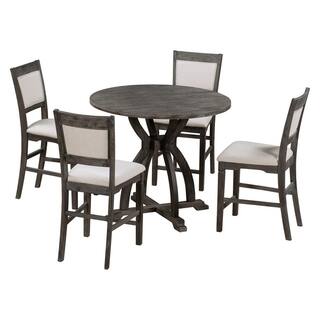 Harper  Bright Designs Farmhouse 5-Piece Gray Round MDF Top Dining Table Set Seats 4 with 4 Upholstered Chairs DT144AAE