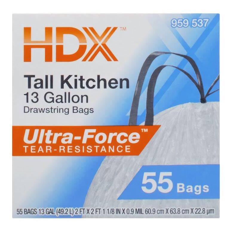 HDX HDX 13 Gal. FLEX White Drawstring Kitchen Trash Bags (55 Count) HDX959537