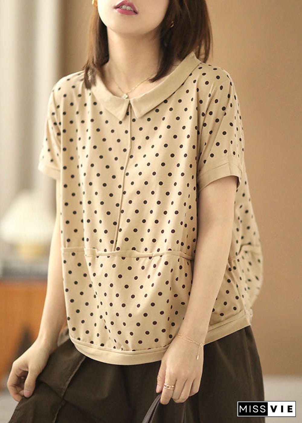 Beautiful Apricot Turn-down Collar Patchwork Dot Print Cotton Shirts Short Sleeve