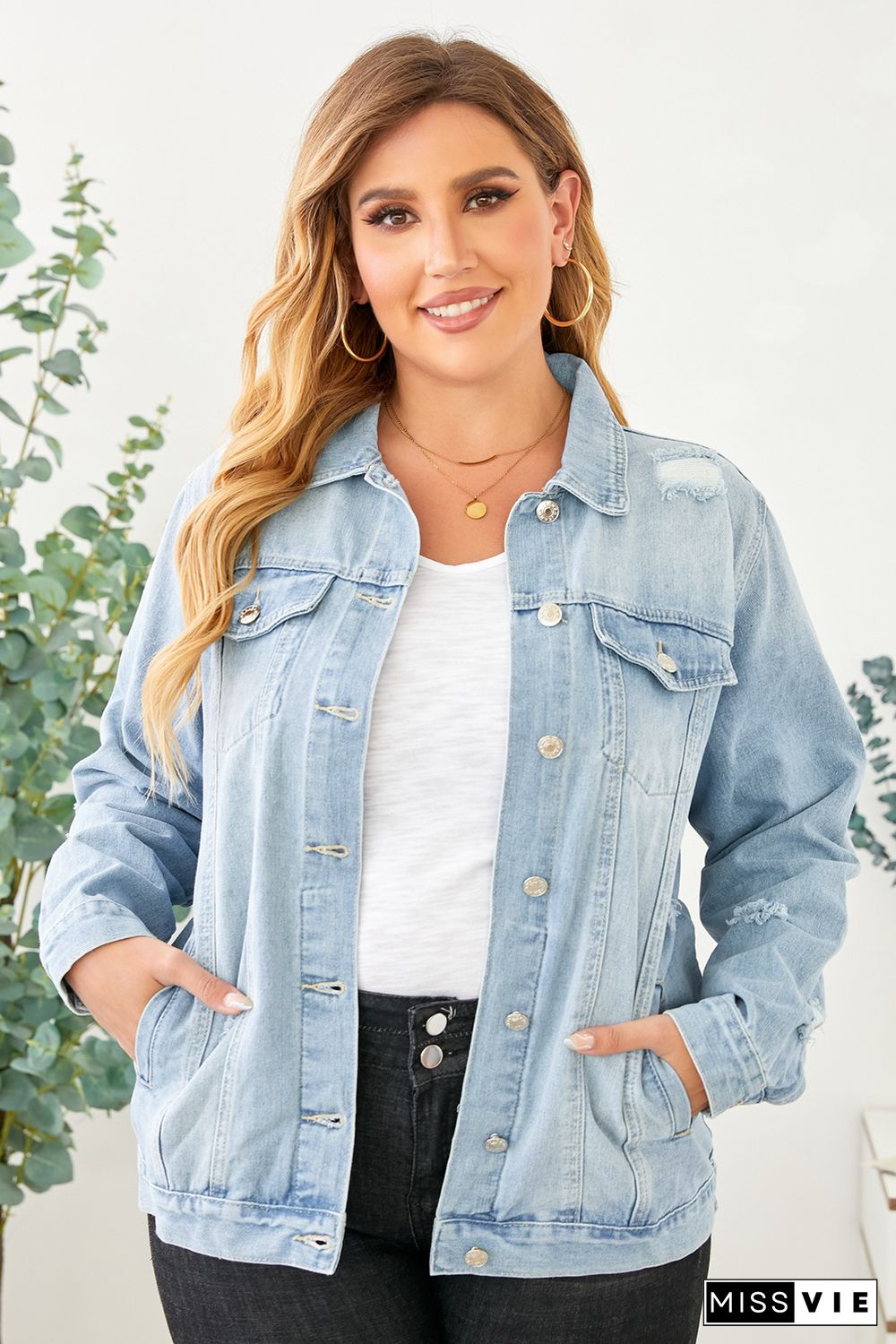 Light Blue Plus Size Washed Pocketed Denim Jacket