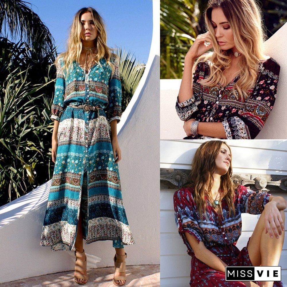 New Bohemian Printing Long Dress Women Maxi Long Dress Floral Print Retro Hippie Vestidos Chic Brand Clothing Boho Dress