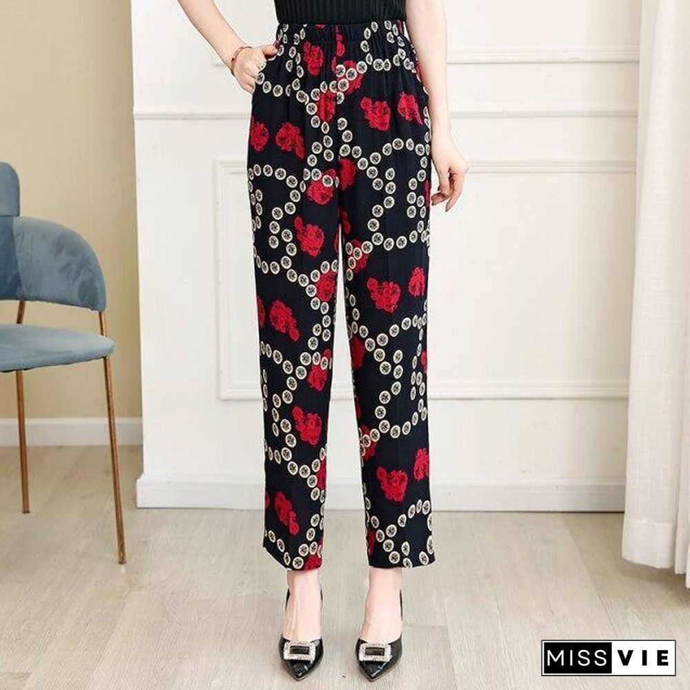 22 Colors Women Summer Casual Pencil Pants XL-5XL Plus Size High Waist Pants Printed Elastic Waist Middle Aged Women Pants