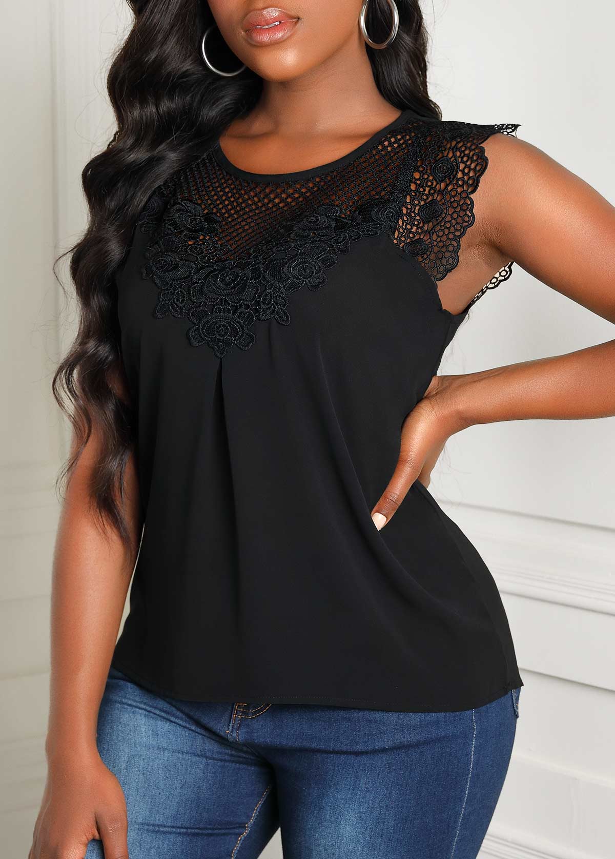 Lace Stitching Round Neck Black Tank Top