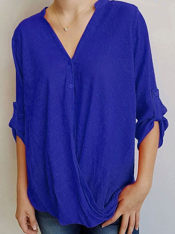 Solid Color V-Neck Blouse