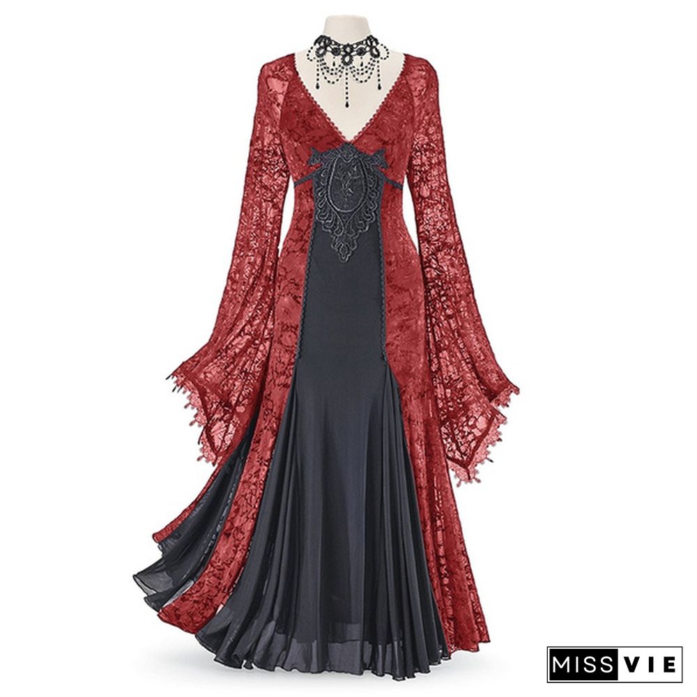 S-5Xl Women's Fashion Vintage Medieval Deep V Neck Lace Maxi Dress No Necklace Lady Floor Length Renaissance Gothic Dress Witch Vampire Cosplay Costume Halloween Party Dress