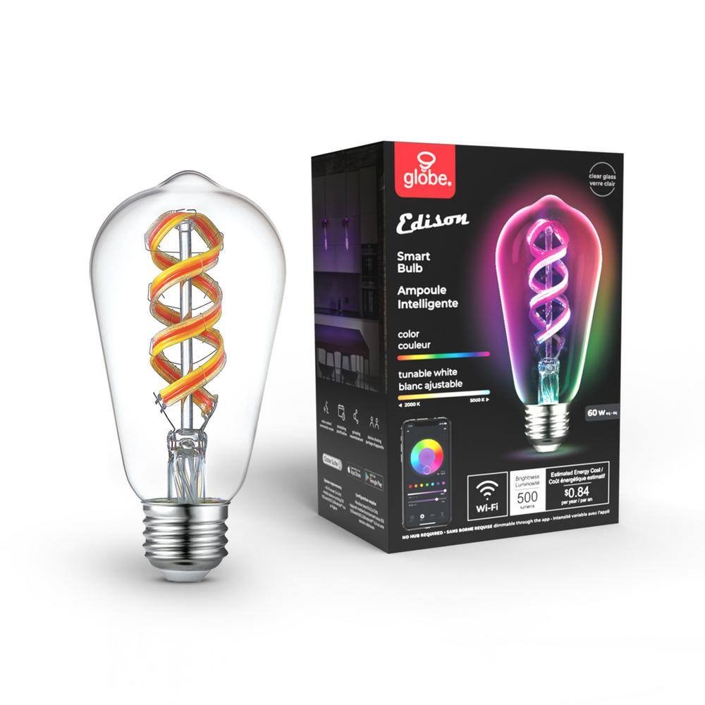 Globe Electric 7-Watt (60-Watt Equivalent) ST19 Shape E26 Base Wi-Fi Smart LED Light Bulb Multi-Color Changing RGB Tunable White 91000193