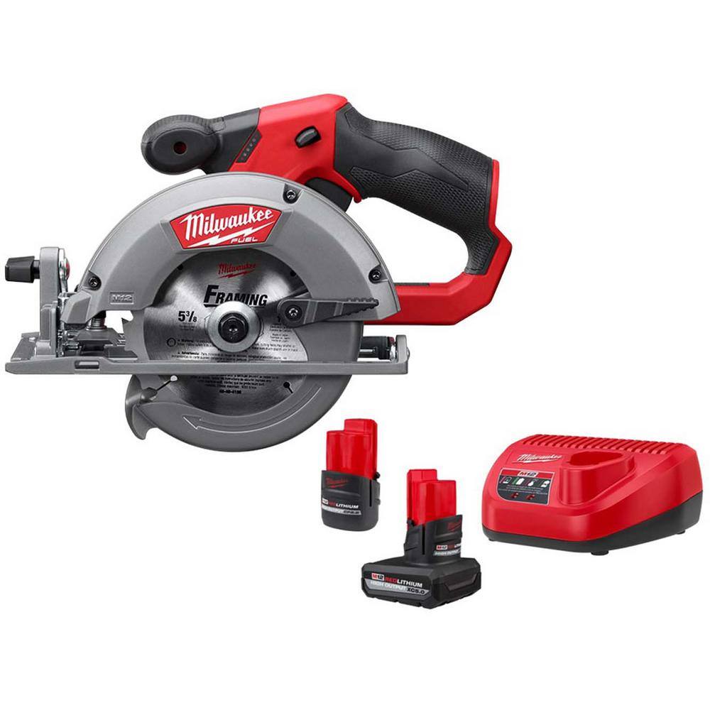 MW M12 FUEL 12-Volt Lithium-Ion 5-38 in. Cordless Circular Saw with High Output 5.0 Ah and 2.5 Ah Batteries and Charger 2530-20-48-59-2452S