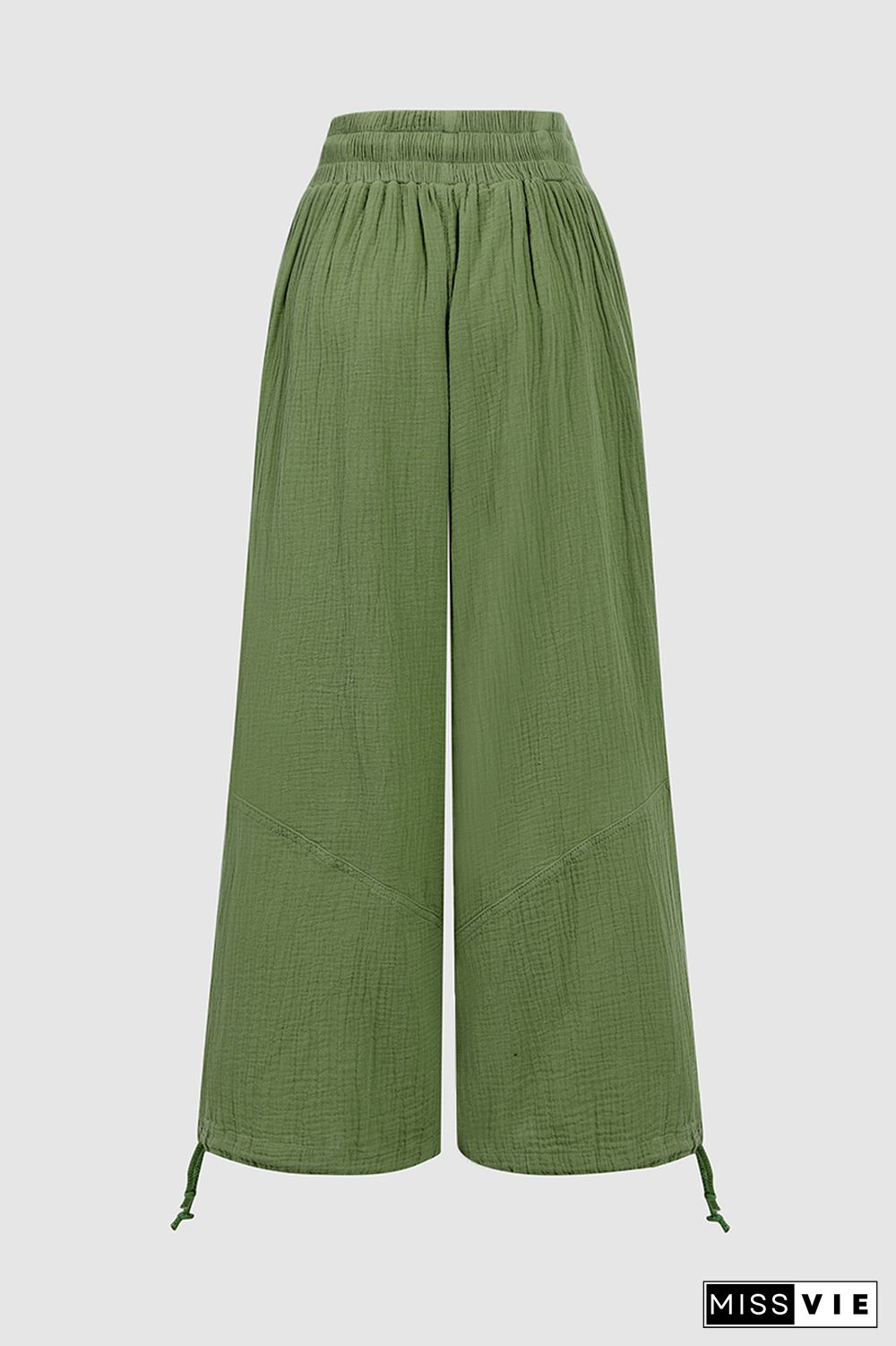 Solid Drawstring Hem Slant Pocket Mid Waist Wide Leg Pants