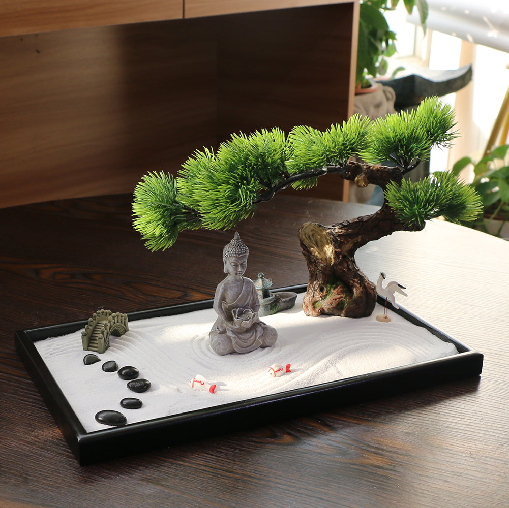 Japanese Tabletop Meditation Buddha Zen Garden Kit Tabletop Rock Sand Garden Office Home Desktop Relaxation Sandbox Decor