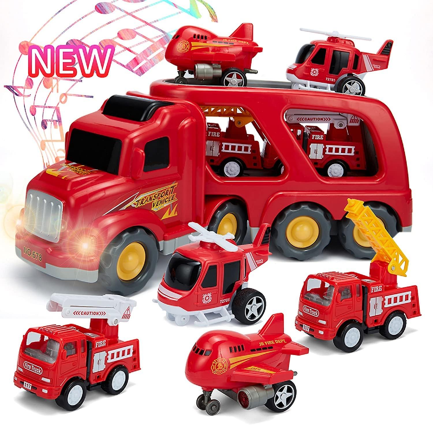 Fire Truck Car Toys Set With Sound and Lights， 1 Transport Cargo Truck， 2 Emergency Rescue Vehicles， 1 Helicopter， 1 Airplane， 5 In 1 Play Vehicle Toys