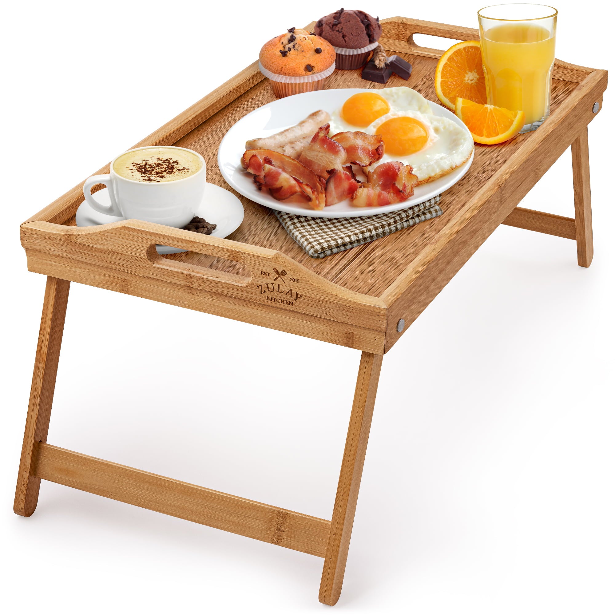 Zulay Kitchen Bamboo Bed Tray Table with Folding Legs and Handles