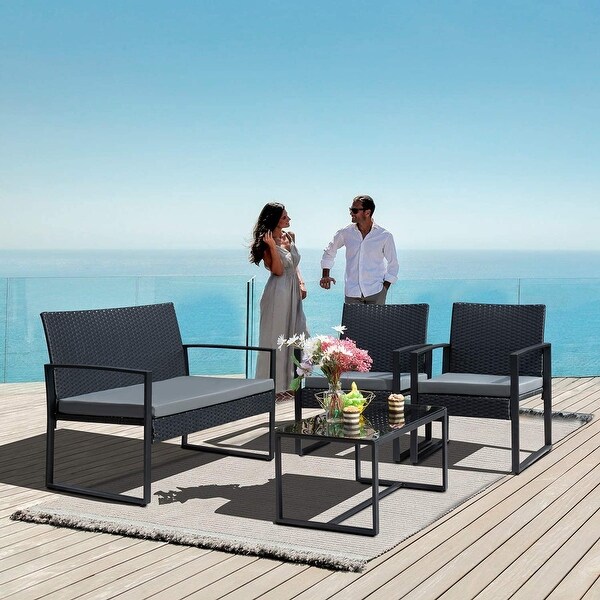 4 Pieces Patio Conversation Sets PE Rattan Chairs with Loveseat and Table - Overstock - 35765538