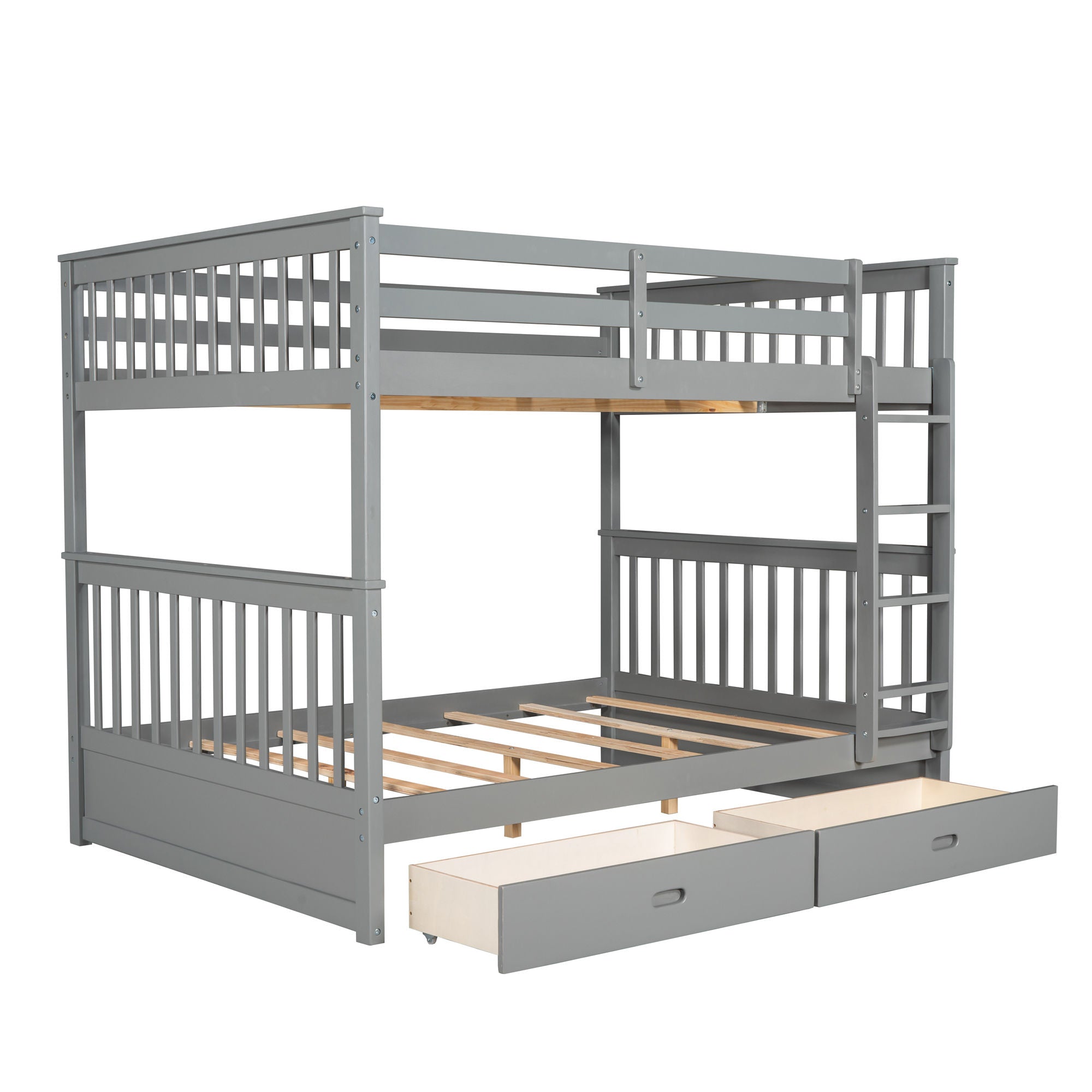 Wood Full Over Full Bunk Bed with Two Storage Drawers and Ladders for Kids Adults,Gray