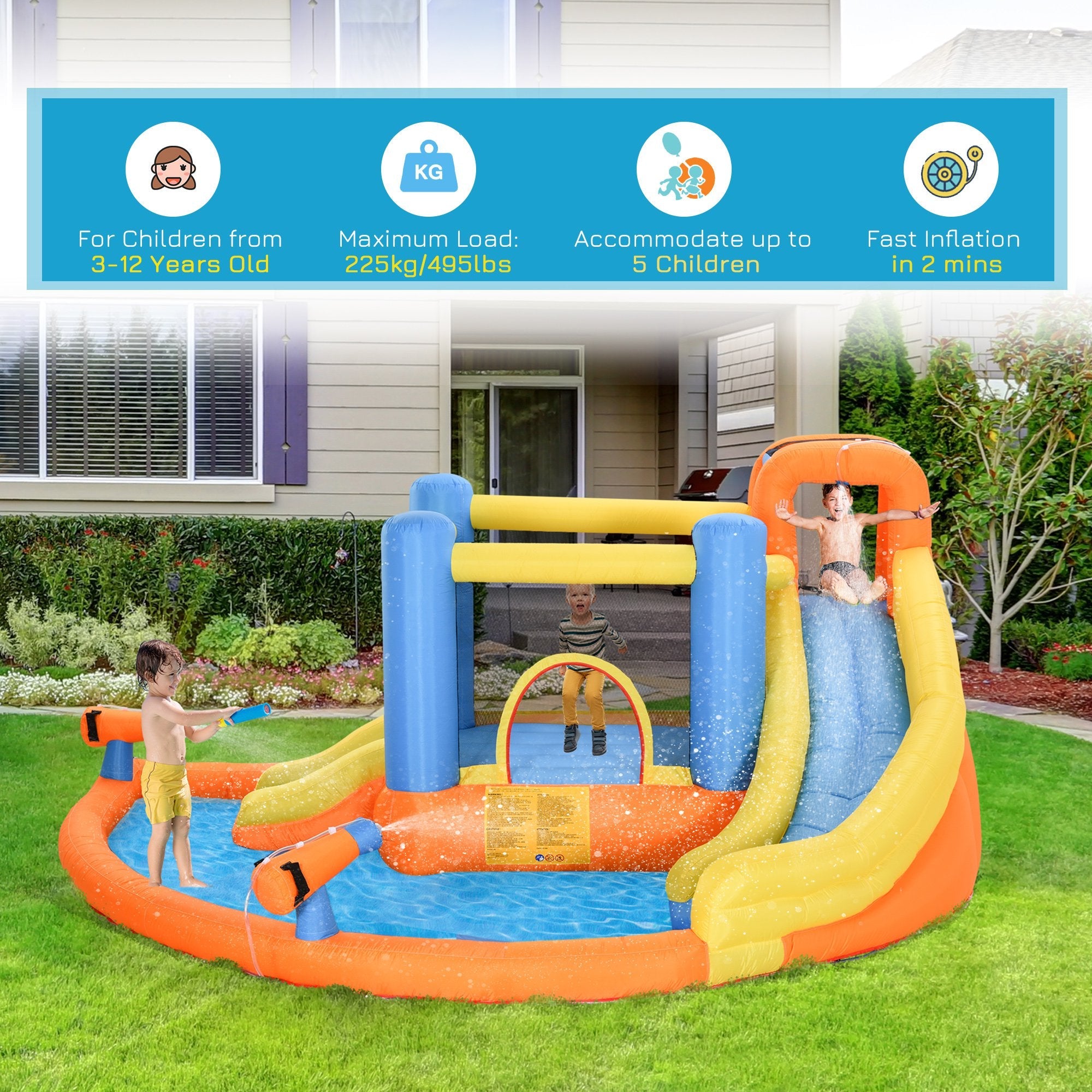 Dcenta 5-in-1 Kids Inflatable House Jumping Castle with Water Pool, Slide, Climbing Walls, & 2 Water Guns