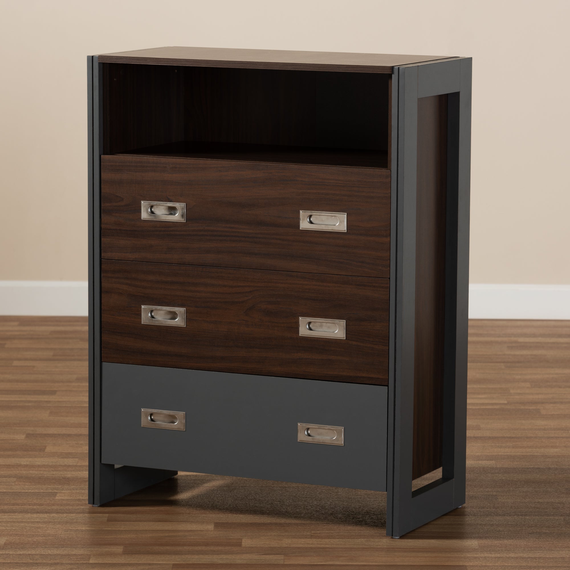 Baxton Studio Elliot Modern and Contemporary Two-Tone Walnut and Grey Finished Wood 3-Drawer Chest