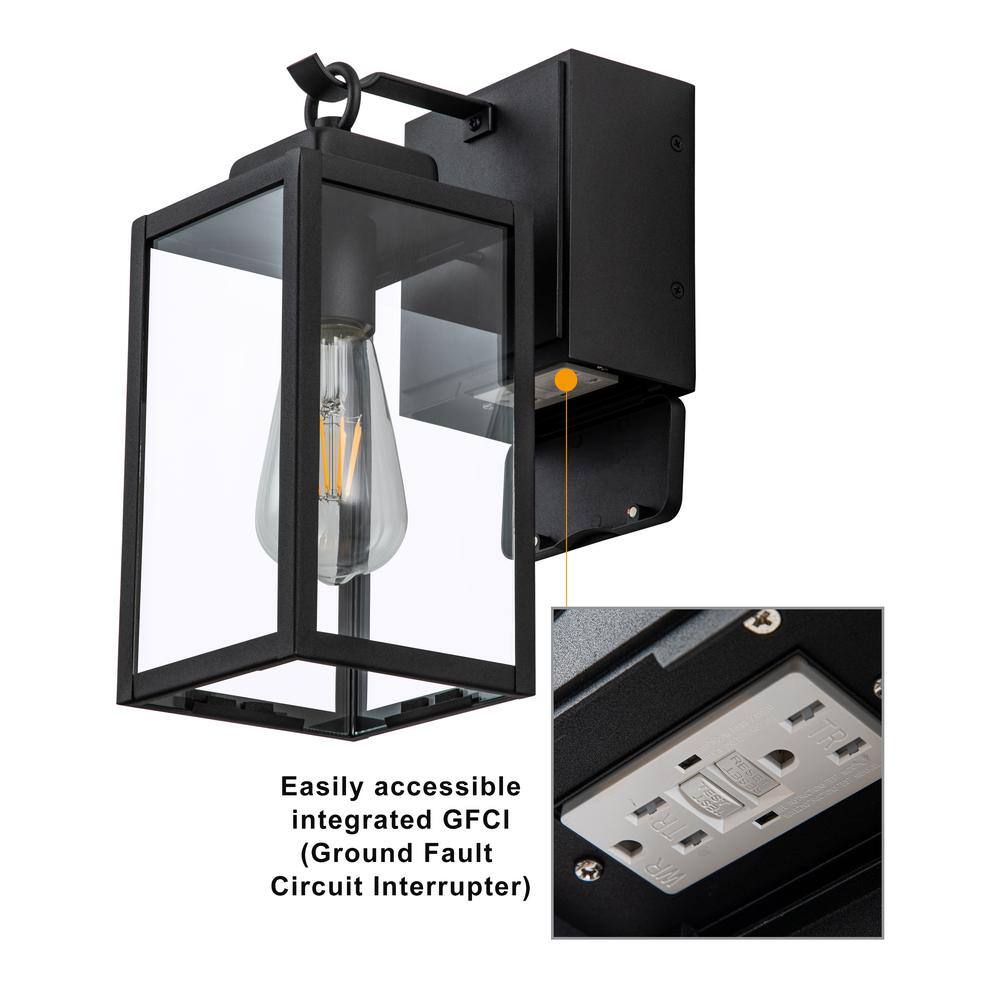 C Cattleya 1-Light Matte Black Aluminum Hardwired Outdoor Wall Lantern Sconce with GFCI Outlet LA2281-W