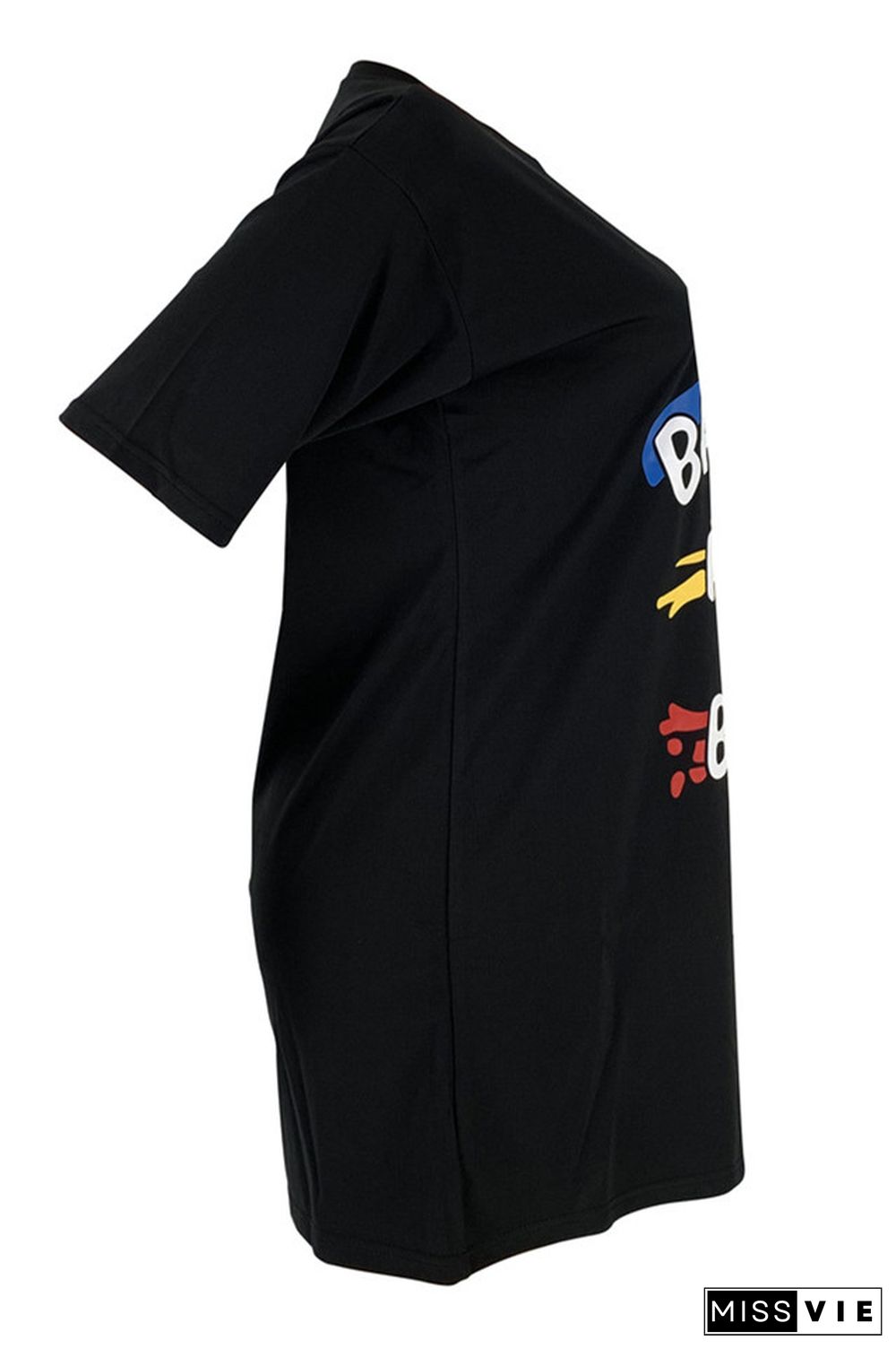 Black Casual Fashion Cap Sleeve Short Sleeves O neck Straight Mini Character Solid Casual Dress