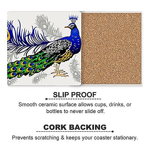 Colourlife Peacock And Feathers Printed Square Ceramic Coaster For Drinks With Cork Base For Coffee Cups Place Mats For Home Decor Set Of 4 Pieces