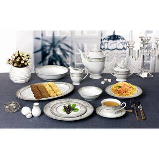 Lorren Home Trends 57-Piece Patterned Silver Accent Bone China Dinnerware Set (Service for 8) Juliette-57