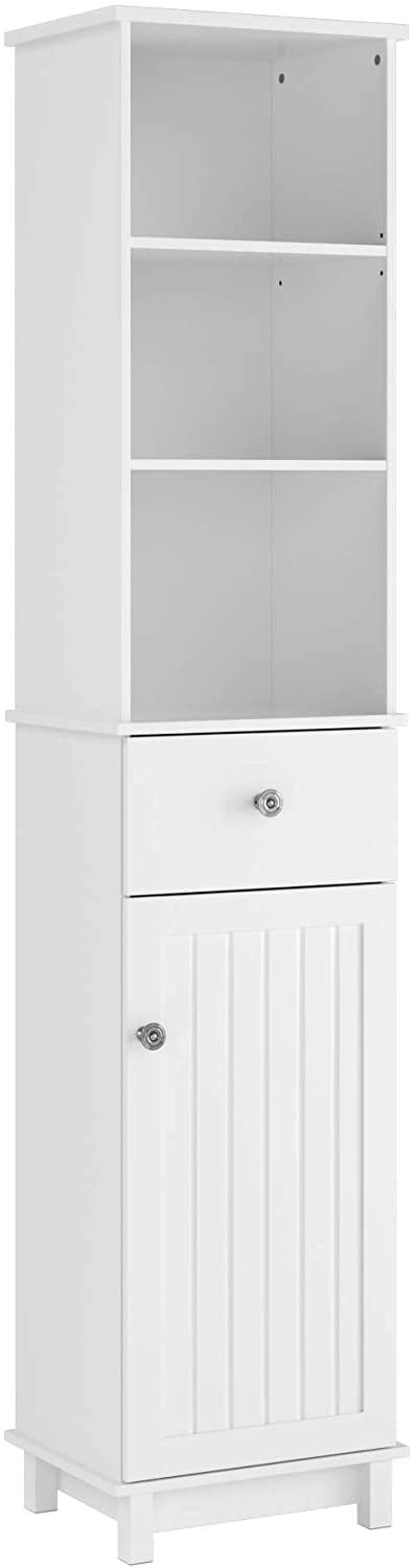 Homfa Slim Bathroom Tower with Door, 70 in Modern Wooden Organizer Rack with Adjustable Shelves and Drawer, White Finish