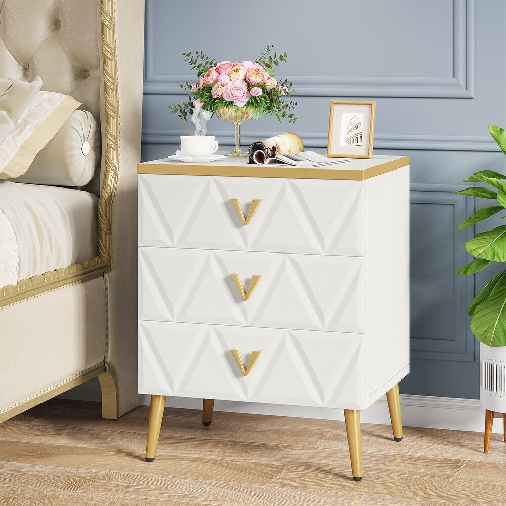 Modern 3 Drawer Nightstand  White Gold Sofa End Table Bedside Table with Storage