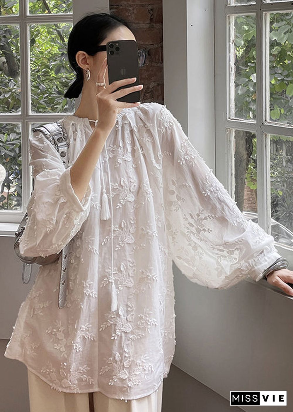 Plus Size Cozy White Embroideried Cotton Shirt Tops Fall