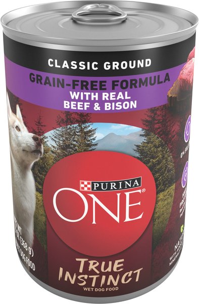 Purina ONE SmartBlend True Instinct Classic Ground Real Beef and Bison Grain-Free Wet Dog Food， 13-oz can， case of 12