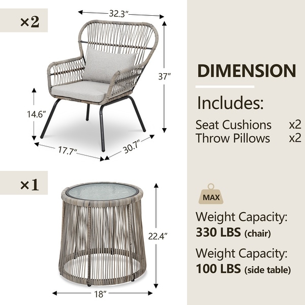 3 Piece Outdoor Wicker Conversation Bistro Set，AllWeather Rattan Furniture Patio Chairs Set with Cushions