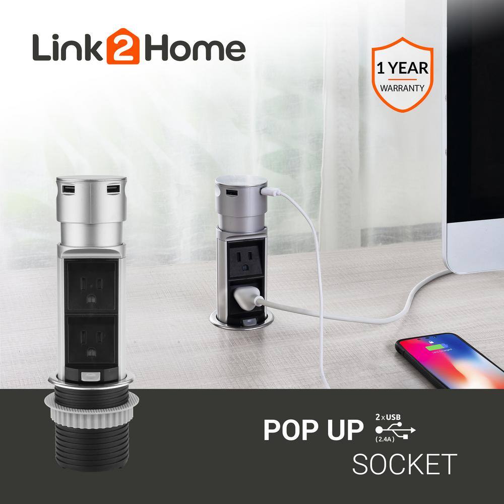 Link2Home Space Saver Pop Up-Outlet 2 Power Outlets 2 USB Ports 2.4 Amp Overload Protection Splash Resistant EM-PU-200E