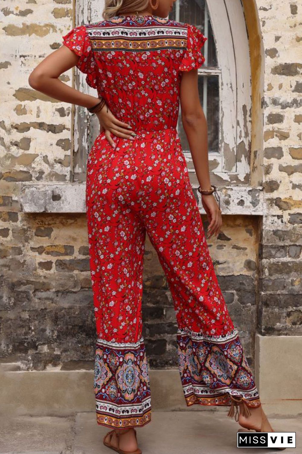 Red Flared Boho V Neck Ruffled Jumpsuit Wholesale